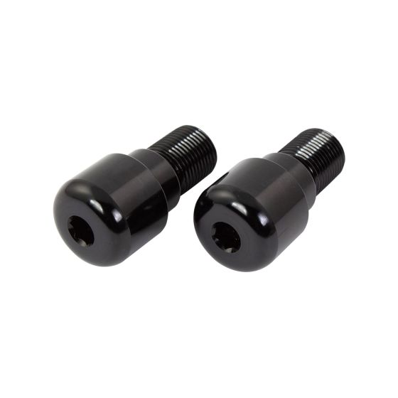Black handlebar bar end weights made of durable material, featuring a smooth rounded design with threaded ends for easy installation, specifically for Yamaha R6 motorcycles.