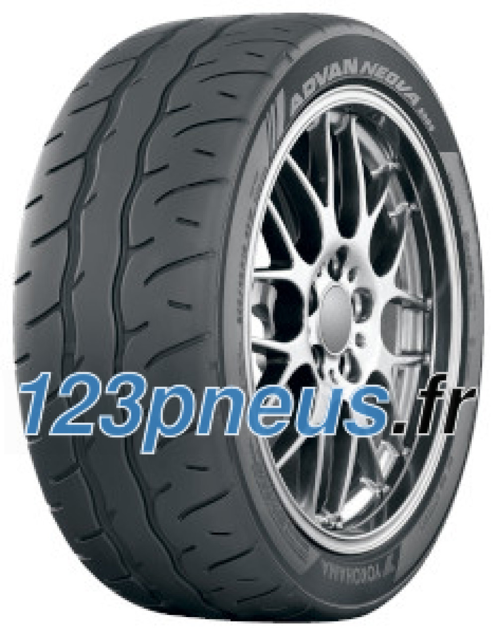 Yokohama Advan Neova AD09 tire in size 265/40 R18, featuring a sleek black rubber tread with deep grooves and a shiny silver alloy wheel design.