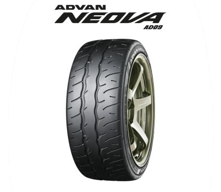 Yokohama Advan Neova AD09 tire in size 275/40 R19, featuring a sleek black rubber surface with distinctive tread patterns and white branding on the sidewall.