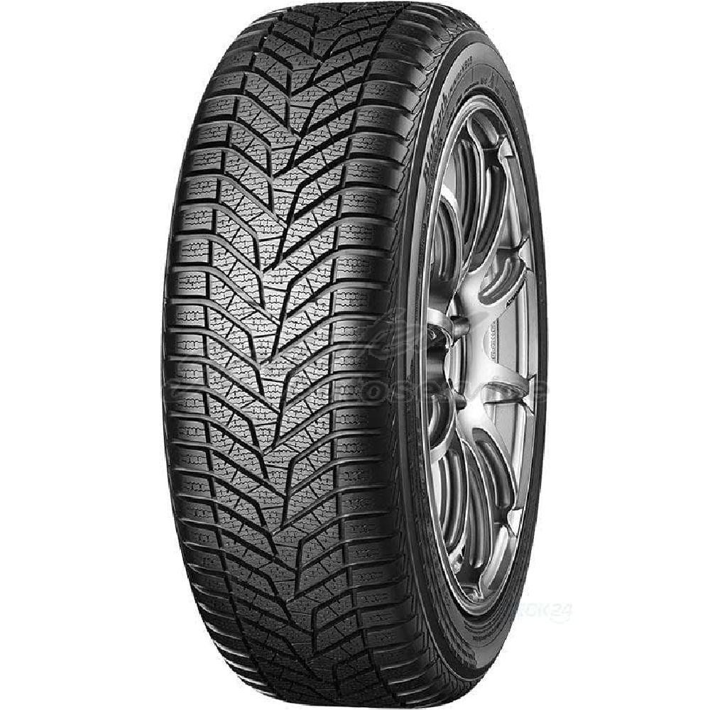 Yokohama BluEarth-Winter V905 tire in size 225/55 R19 features a detailed tread pattern for winter traction, with a sleek black rubber finish and a stylish alloy wheel design.