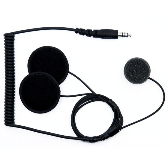 Black intercom headset with two round, padded speakers and a microphone, featuring a coiled cable and a standard audio jack for connectivity.