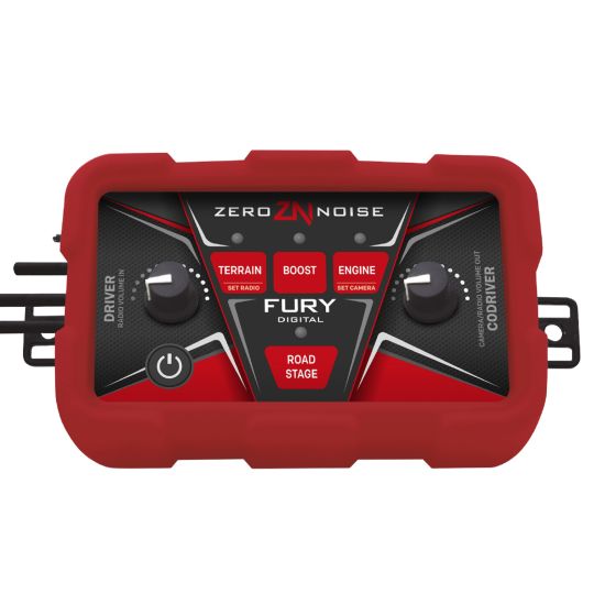 Red and black digital intercom amplifier with a male Nexus connector, featuring labeled dials for "Driver," "Terrain," "Boost," and "Engine," and a central button for "Road" and "Stage."