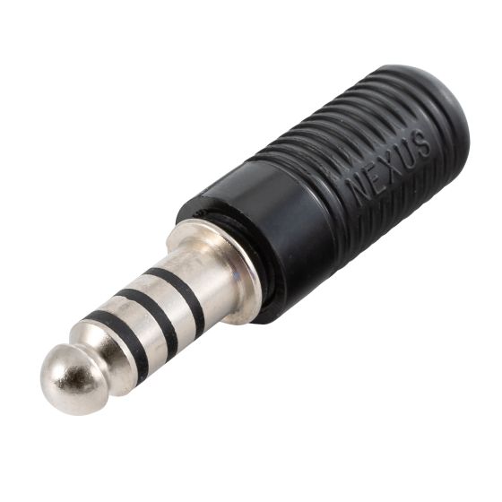 Black rubber grip connector with ribbed texture, featuring a shiny silver metal tip and three black stripes, labeled "NEXUS" on the side.