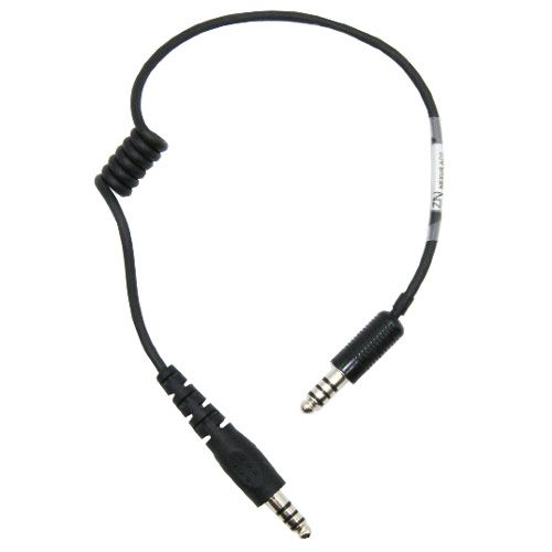 Black male to male adaptor with coiled cable, featuring two metal connectors on each end, designed for audio connections.