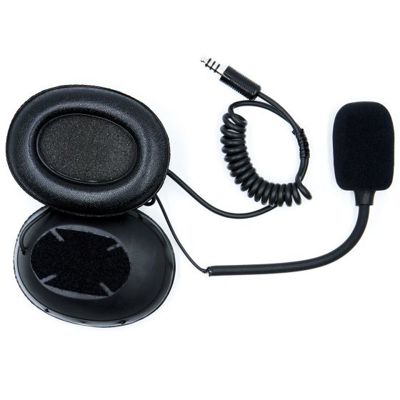 Black padded ear cups with a male Nexus connector, coiled cable, and a flexible microphone, designed for use with open face helmets.