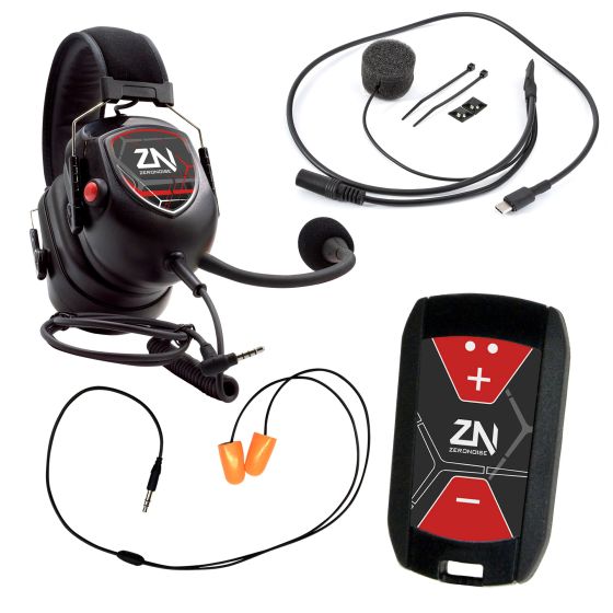 Black headset with a boom microphone, USB-C connection, orange earplugs, and a compact communication device featuring a red and black design with volume controls.
