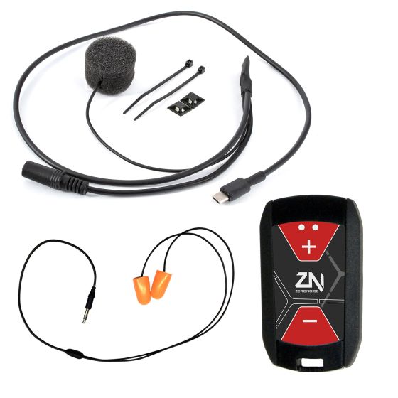 ZeroNoise Pit-Link Kart Trainer features a black control unit with red accents, a foam microphone, orange earplugs, and cables for communication, designed for karting use.
