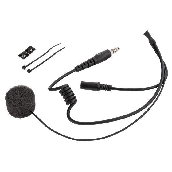 Black microphone helmet kit featuring a male 4-pin Nexus connector, 3.5mm stereo earplug connection, foam windscreen, and two cable ties for secure attachment.