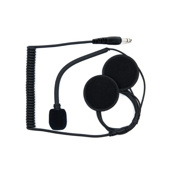 Black intercom headset with two circular ear pads, a flexible microphone, and coiled cable, designed for open face use, featuring a sleek, lightweight design.