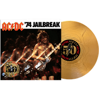 "74 Jailbreak 50th Anniversary gold vinyl record with AC/DC cover art featuring guitarist and band logo."