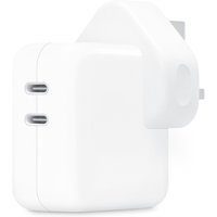 White Apple MW2K3B/A mobile charger with dual USB-C ports and compact square design.