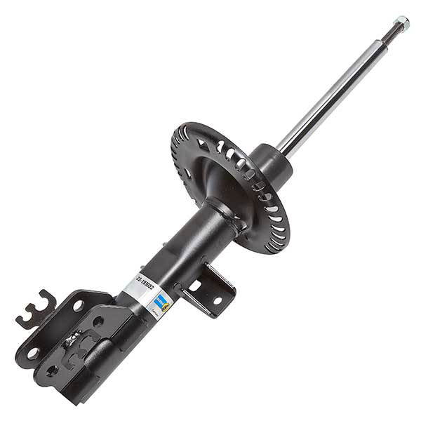 Black Bilstein shock absorber with coil spring seat and mounting bracket, featuring a blue and yellow label.