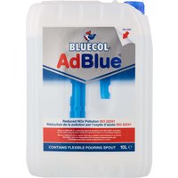 Bluecol AdBlue 10L container with blue cap, handle, and pouring spout, labeled for reducing NOx emissions.
