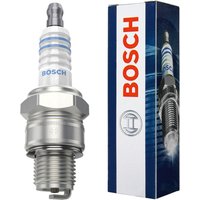 Bosch spark plug with ribbed ceramic insulator, metal hex nut, and electrode, next to branded blue and white box.