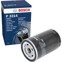 Black Bosch oil filter P3314 with white text, next to blue and white branded packaging.