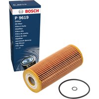 Bosch P9619 oil filter, cylindrical with pleated orange paper, includes black rubber gasket, blue box packaging.