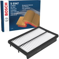 Bosch F026400347 air filter with black frame and white pleated filter material, box labeled S0347 in background.