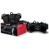 Brembo rear brake pad set for Teves calipers, black with metal clips, displayed with branded red and black packaging.