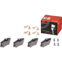 Brembo P85020 Prime Brake Pad Set with four black pads, red box, metal clips, and screws.