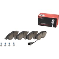 Brembo P85126 Prime Brake Pad Set with four metallic pads, mounting hardware, and red branded box.