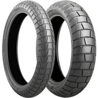 Black Bridgestone Battlax Adventure Trail AT41 motorcycle tyre, 120/70 R19, with deep tread pattern, front view.