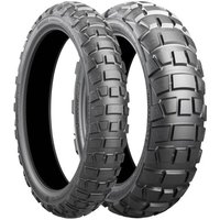 Black Bridgestone Battlax AX41 motorcycle tyre with rugged tread pattern, size 110/80 B19, for front wheel.