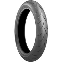 Bridgestone Battlax S21 motorcycle tyre, 120/70 ZR17, black rubber with sleek tread pattern, designed for front wheel.