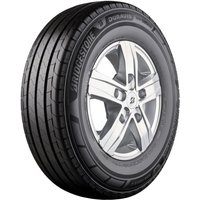 Bridgestone Duravis VAN tire, black with detailed tread pattern, sidewall branding, and visible alloy wheel rim.