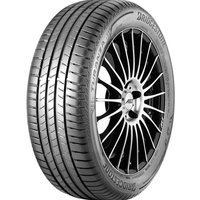 Bridgestone Turanza T005 tire, 215/40 R18, black with rim protection, detailed tread pattern, and Bridgestone branding.