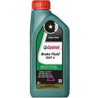 Green Castrol Dot 4 Brake Fluid bottle with red cap and black label featuring white text and logo.