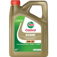 Gold Castrol Edge 0W30 synthetic engine oil container with red cap, 4-litre size, labeled for gasoline, diesel, hybrid.