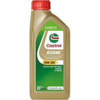 Gold Castrol Edge 5W30 LL synthetic engine oil bottle with red cap and green label detailing specifications.