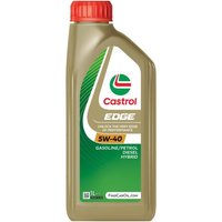 Castrol Edge 5W40 synthetic engine oil, 1L bottle, gold with red cap, green and white label detailing specifications.