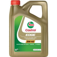 Gold Castrol Edge 5W40 synthetic engine oil container with red cap and green label, 4-litre capacity.