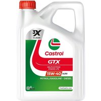 White Castrol GTX 15W40 A3/B3 engine oil bottle, 4 liters, with red cap and green label featuring brand logo.