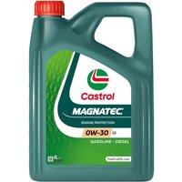 Green Castrol Magnatec 0W30 C2 engine oil container with red cap, 4 liters, white and green label.
