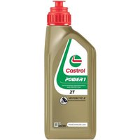 Gold Castrol Power 1 2T 2-stroke engine oil bottle with red cap and green label, 1 litre capacity.