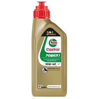 Gold bottle of Castrol Power 1 4T 10W-40 motorcycle oil, red cap, green and white label with logo.