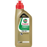 Gold Castrol Power 1 4T 15W-50 motorcycle engine oil bottle with red cap and green logo.