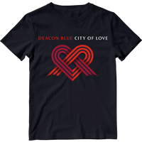 Black T-shirt with "Deacon Blue City Of Love" text and red intertwined heart design on the front.