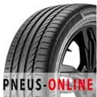 Continental Conti-SportContact 5 tire, black tread with asymmetric grooves, mounted on a dark alloy wheel.