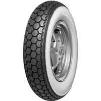 Black and white Continental K62 scooter tyre, 3.50 10 size, whitewall design, hexagonal tread pattern.