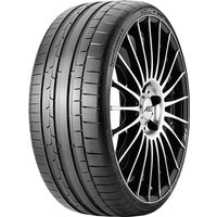 Black Continental SportContact 6 tire, 255/45 R21, with kerbing rib and sleek tread pattern on alloy wheel.