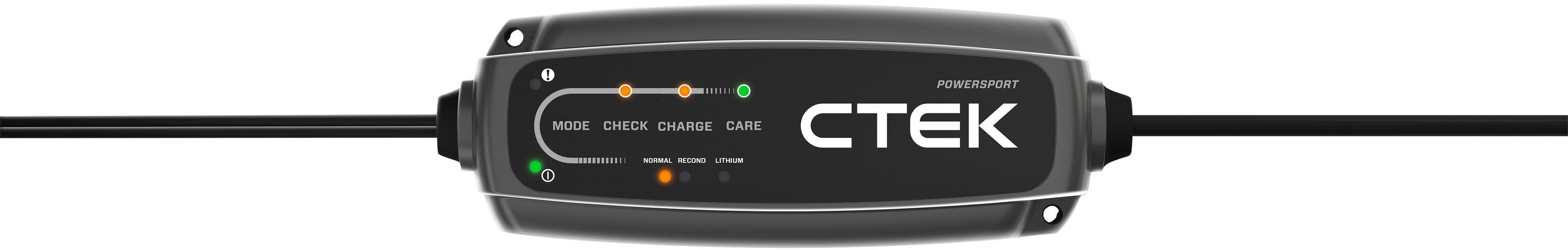 CTEK CT5 POWERSPORT charger, black with LED indicators, labeled mode, check, charge, care, and CTEK branding.