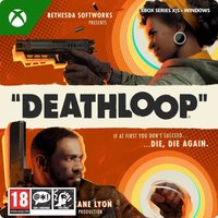 "DEATHLOOP" Xbox game cover featuring two characters aiming guns, orange background, and bold title text.