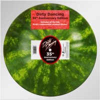 Green marbled vinyl record, "Dirty Dancing" 35th Anniversary Edition with red label and white text.