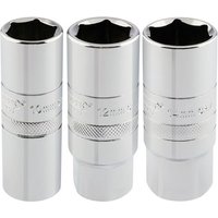 Draper 1/2'' square drive spark plug sockets, chrome finish, knurled grip, set of three.