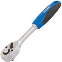 Silver Draper 1/4" square drive ratchet with 72 teeth, reversible mechanism, and blue soft grip handle.
