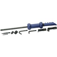 Draper 10 Piece Slide Hammer Kit with blue handle, metal rod, and various black attachments.