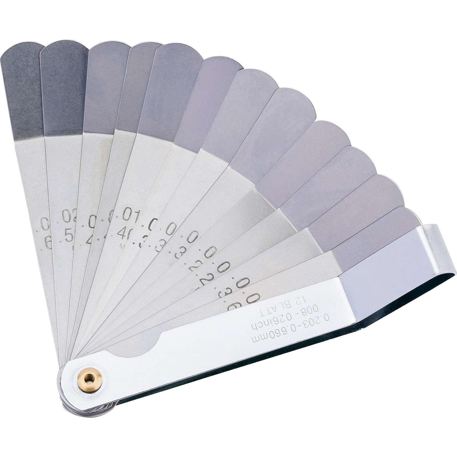 Draper 51729 12-blade angled tappet gauge featuring stainless steel blades with metric and imperial measurements, arranged in a fan-like design for easy access and use.